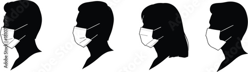 Silhouette Vector of Diverse People Wearing Medical Face Masks for Health Safety, Hygiene, Airborne Illness Prevention, and Public Protection