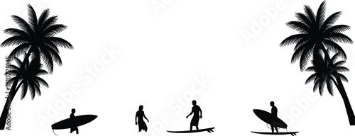 Tropical beach silhouette with palm trees and surfers enjoying ocean waves, summer vacation scene perfect for travel, surf, and lifestyle themes.