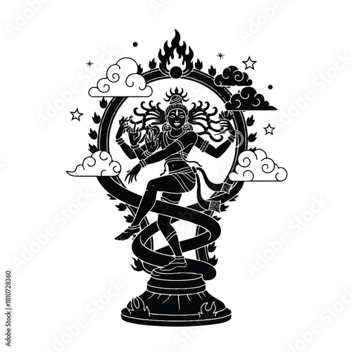 Silhouette illustration of Nataraja, the Hindu god Shiva, dancing within a flaming halo, surrounded by clouds and stars.