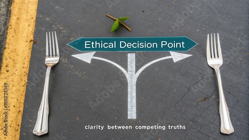 Fork in the Road Symbolizing Ethical Decision Making with Silver Cutlery and Leaf on Pavement in Urban Environment