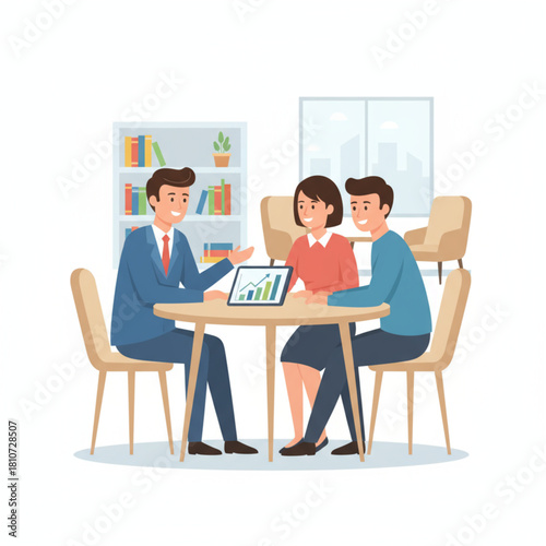 Financial advisor or agent presenting a digital contract to a young couple in a bright office.