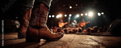 Live country music festival with cowboys in boots concept. A close-up of cowboy boots at a lively music concert.