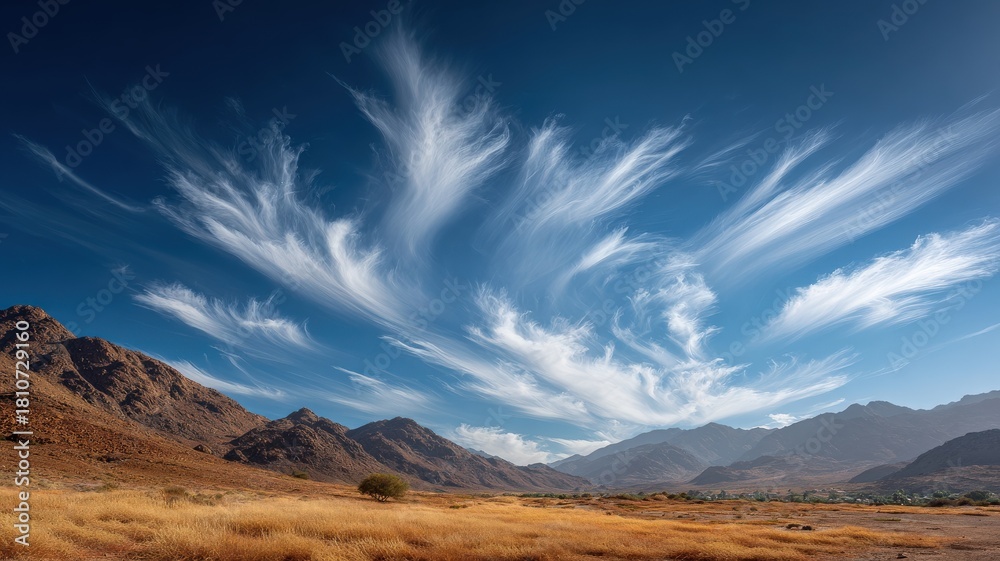 Naklejka premium time-lapse style composition of wispy cirrus clouds dancing in high altitude above desert landscape, light and motion focused