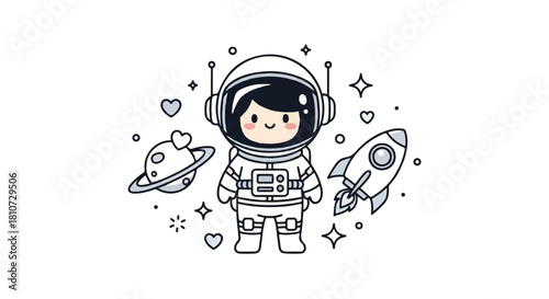 A cute cartoon astronaut girl stands surrounded by a planet with a heart, a rocket, and sparkling stars, all in black and white line art.