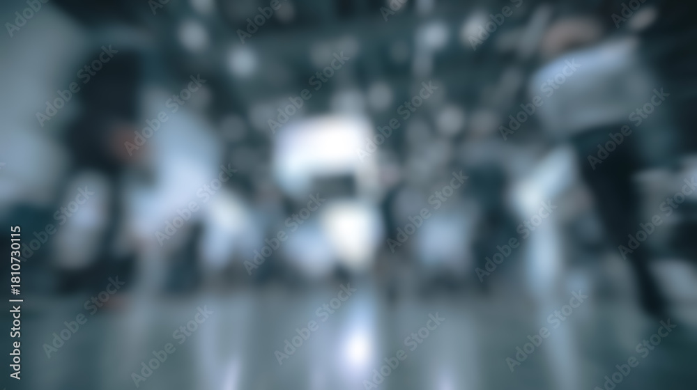 Fototapeta premium Abstract blur background of the Crowds move briskly through a high tech exhibition, surrounded by glowing digital displays reflect the rhythm of urban innovation.