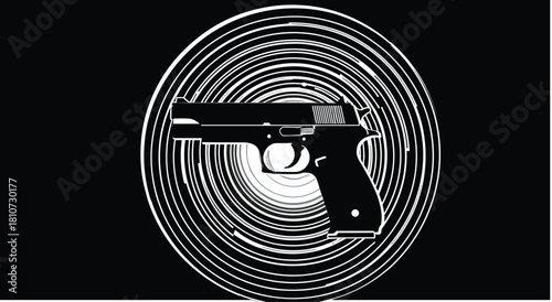 Stylized handgun vector with concentric circles, black and white contrast, firearm silhouette, target focus, graphic design, weapon icon art