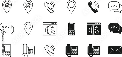 Set of contact us icons, line and solid style symbols including phone, email, location, website and chat for business communication interface design.