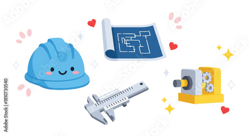 Illustration of a blue hard hat, blueprint, caliper, and milling machine, surrounded by sparkles and hearts.