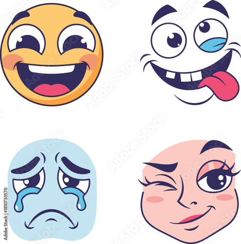 Set of four funny cartoon faces showing different emotions, happy laughing, crazy goofy, sad crying, and winking flirty expressions, vector illustration.
