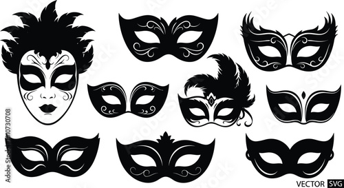 Elegant black masquerade mask vector collection with decorative feathers and ornate carnival designs for party, festival, and fashion illustration.