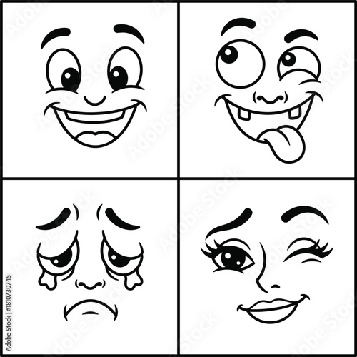 Set of four outline cartoon faces showing different emotions, happy smile, crazy goofy, sad crying and winking flirt, black vector illustration.
