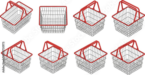Set of empty metal shopping baskets with red handles, 3D isometric wire supermarket cart containers isolated on white background for retail store design.