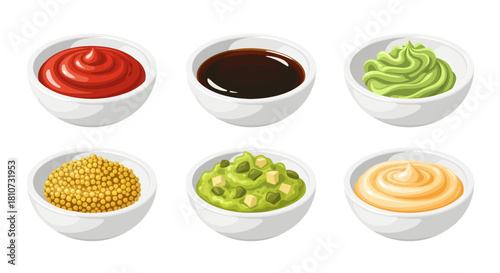 This vibrant vector illustration set features six white ceramic bowls filled with popular condiments, including ketchup, soy sauce, wasabi, grain mustard, chunky guacamole, and creamy mayonnaise