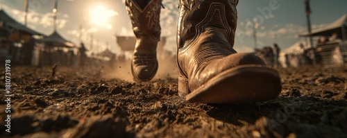 Live country music festival with cowboys in boots concept. A close-up of cowboy boots walking through dusty terrain at sunset.