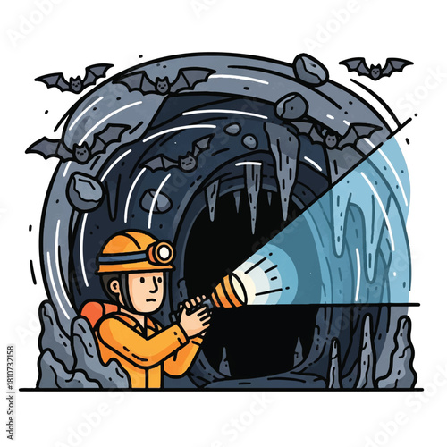 Cartoon illustration of a caver exploring a dark cave with a flashlight, bats flying above the entrance.