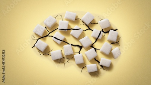 Cracked sugar brain. A brain-shaped arrangement of sugar cubes fractured by spreading black cracks, health risks, metabolic stress, cognitive decline, and the hidden danger of excessive sugar.