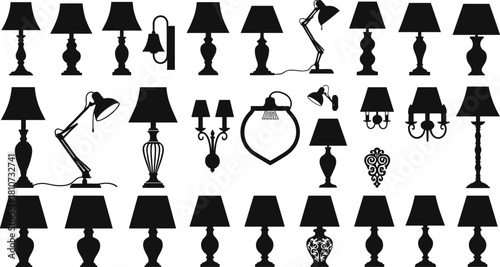 Elegant collection of vintage and modern lamp silhouettes featuring table lamps, desk lamps, wall lights, and decorative lighting designs for interior decor illustrations.