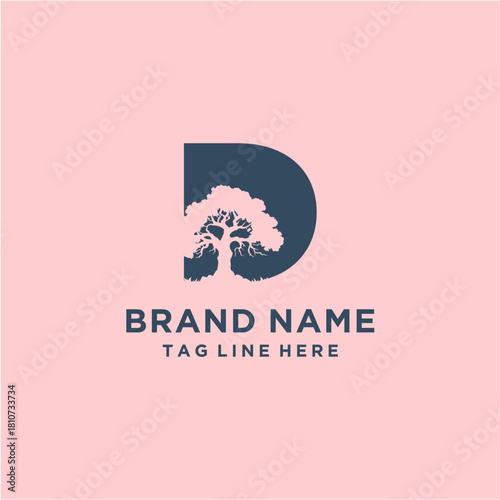 Letter D Icon Logo with Oakland Tree Vector Template
