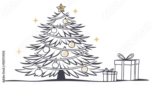 Decorated christmas tree with star topper and ornaments next to wrapped gifts with bows and star accents