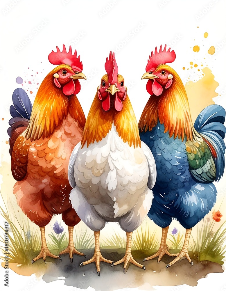 Fototapeta premium Watercolor depiction of three colorful roosters standing on grassy ground. Vivid details and hues of orange, blue, and white blend artistically