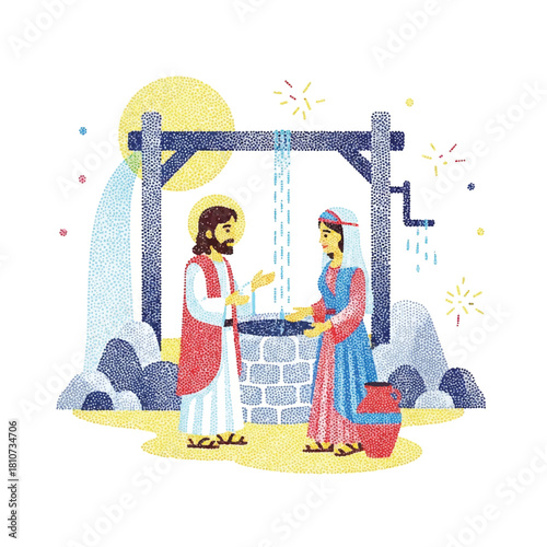Illustration depicting Jesus speaking with a woman at Jacob's well, with water flowing and a clay pot nearby.