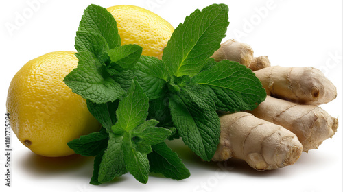 Fresh ingredients: ginger root, lemon, and green mint leaves.