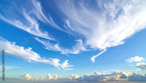 Wispy, white cirrus clouds against a bright, expansive blue sky