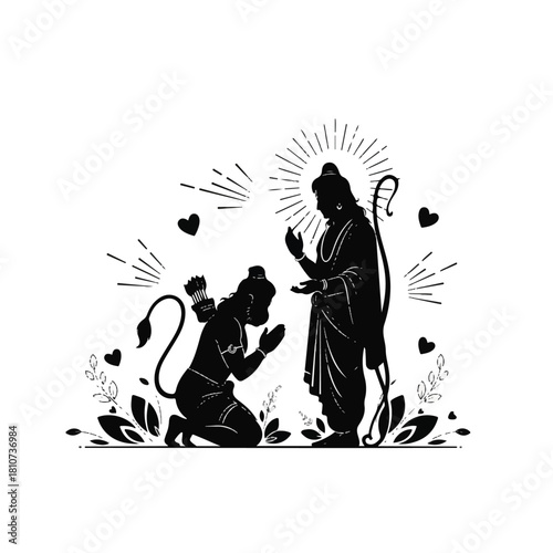 Silhouette illustration of Hanuman kneeling before Rama, with hearts and floral elements, depicting devotion and reverence.