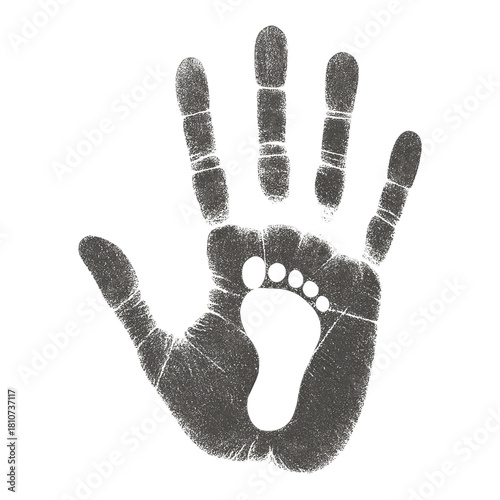 Black handprint with white baby footprint inside on white background