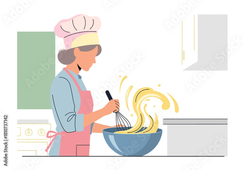 An illustration of a senior female pastry chef whisking batter in a bowl, creating a delicious dessert in a modern kitchen