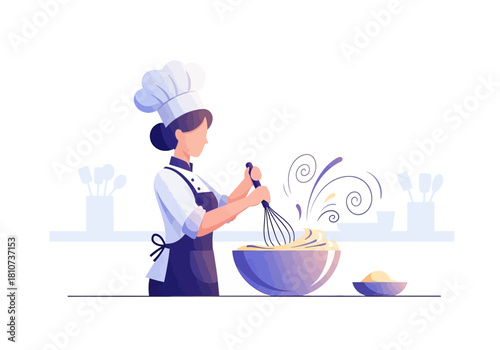 Woman Chef Mixing Ingredients in Bowl, Culinary Preparation Vector Illustration