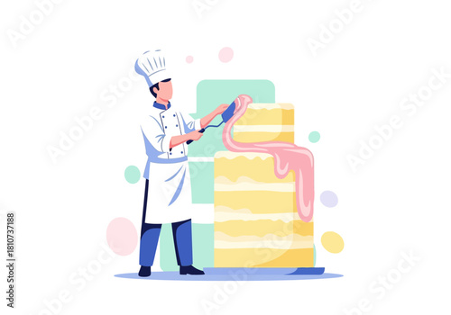 Professional pastry chef in uniform decorating a large multi-tiered wedding cake with pink frosting using a spatula. Culinary art and sweet creation concept