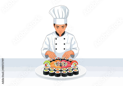 Professional Japanese chef in a white uniform carefully arranging a large platter of assorted fresh maki and nigiri sushi