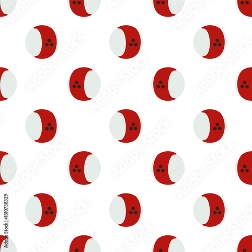 flat design pattern of This image displays a stylized bowling ball. It is depicted as a sphere with two distinct colored sections: one side is a light grey or off-white, and the other side is red