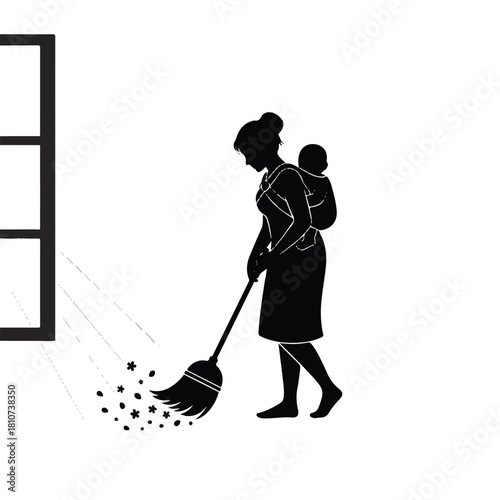 Silhouette of a woman sweeping with a broom while carrying a baby on her back, near a window, illustrating domestic work and motherhood.
