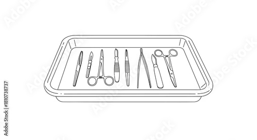 Surgical Instruments Line Art Icon Set in Tray - Scalpel, Forceps, Vector Illustration for Medical Design and Healthcare Presentations