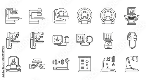 Diagnostic Medical Imaging Equipment Icon Set: Radiology, Tomography, and Examination Devices in Outline Style for Healthcare Presentations