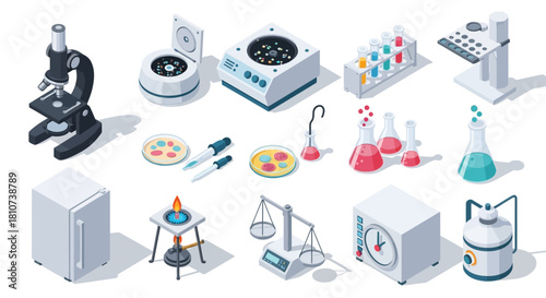 Isometric medical icons: Laboratory equipment and research tools for medical studies, scientific research, and healthcare design projects