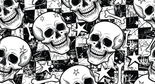 Seamless Pattern with Skulls and Bones on a Grunge Checkered Background.