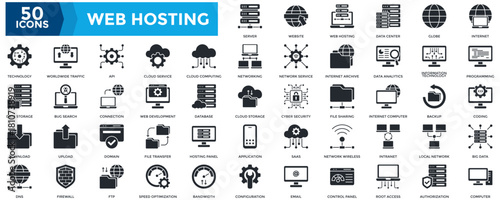 Web Hosting Icon Collection Set. Containing Server, Website, Data Center, Internet, Programming, Coding, Big Data, Computer, Technology, Worldwide Traffic Icon. Simple Glyph Vector 