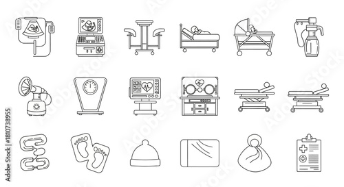 Obstetrics and Gynecology Medical Icon Set: Outline Style Illustration for Healthcare and Women's Health Content