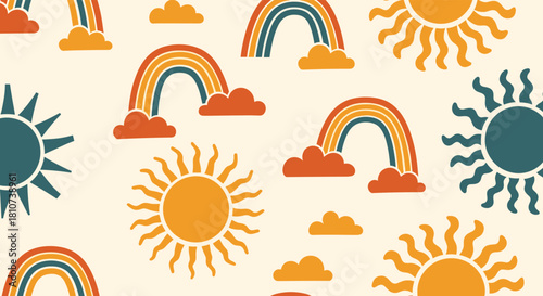 Boho Sun and Rainbow Pattern Background.