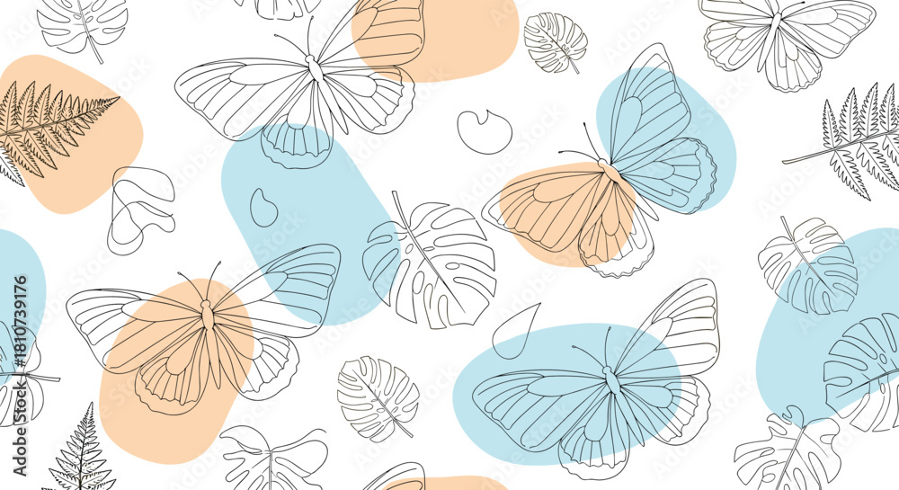 custom made wallpaper toronto digitalElegant seamless pattern with outline butterflies and tropical leaves on abstract pastel shapes.
