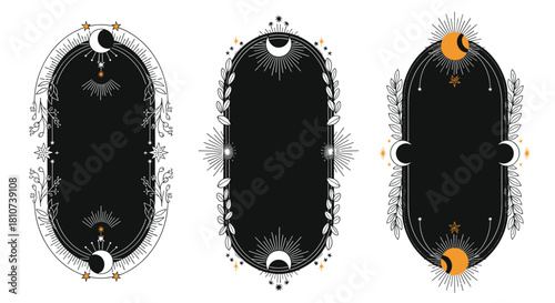 Mystical Celestial Frames with Sun Moon Stars and Floral Elements.