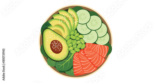 Healthy poke bowl with salmon avocado cucumber and edamame on spinach leaves top view.