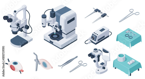 Isometric Medical Icon Set of Ophthalmology Equipment for Eye Surgery and Vision Correction - Healthcare and Technology