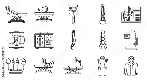 Chiropractic Equipment Icon Set: Spinal Health, Medical Treatment Line Art. Healthcare and Rehabilitation Concept