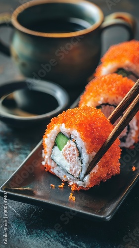A vibrant plate of sushi rolls with orange roe, accompanied by a dark cup of soy sauce, showcasing a delicious Japanese culinary experience.