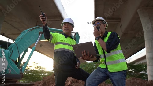 Construction workers using technology on site, communicating with radios under a bridge, showcasing teamwork and modern construction practices