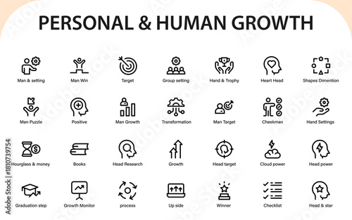 Personal and Human growth icons. leadership training, skill progress, motivation boost, goal tracking, and achievement